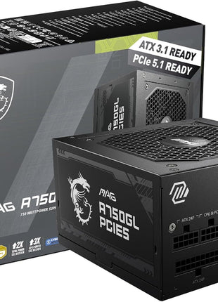 MSI MAG A750GL PCIE5, Fully Modular Compact Gaming 750W Power Supply, 80+ Gold, ATX 3.1 & PCIe 5.1 Ready, Native Dual-Color 12V-2x6 Cable, 10 Year Warranty