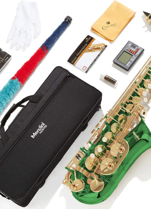 Mendini By Cecilio Alto Saxophone for Beginners, E Flat Tenor Saxophone for Students Musicians with Tuner, Mouthpiece, Case, 10 Reeds, Grease, Cleaning Cloth & Rod, Gloves, Strap, Lesson Book (Green)