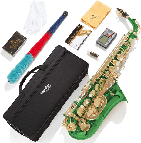 Mendini By Cecilio Alto Saxophone for Beginners, E Flat Tenor Saxophone for Students Musicians with Tuner, Mouthpiece, Case, 10 Reeds, Grease, Cleaning Cloth & Rod, Gloves, Strap, Lesson Book (Green)