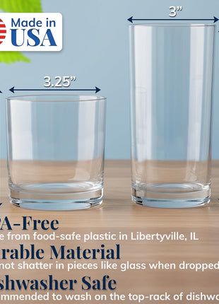 US Acrylic Classic Clear Plastic Reusable Drinking Glasses (Set of 8) 12oz Rocks & 16oz Water Cups | BPA Free Tumblers, Made in USA | Top Rack Dishwasher Safe