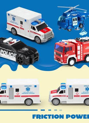 JOYIN 4 Packs Emergency Vehicle Toy Playsets, Friction Powered Vehicles with Light and Sound, Including Fire Truck, Ambulance, Play Police Car and Helicopter, Toddler Kids Boys Gifts