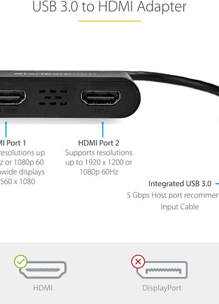 StarTech USB-A 3.0 to Dual HDMI Adapter for Windows, Dual Monitor USB to 2x HDMI Display Converter, 4K 30Hz + 1080p 60Hz, Extend or Mirror Multi-Screen Setup
