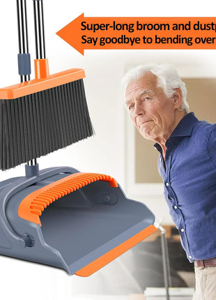kelamayi Upgrade Broom and Dustpan Set, Self Cleaning with Dustpan Teeth, Indoor&Outdoor Sweeping, Ideal for Dog Cat Pets Home Use, Stand Up Broom and Dustpan (Gray&Orange)