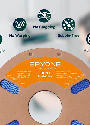 ERYONE Silk Dual Color PLA Filament 3D Printer 1.75mm  0.03mm, Bicolor Filament Two Tone PLA 1KG(2.2lbs) Cardboard Spool, Blue Green