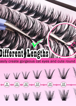 FANXITON DIY Lash Extension Kit Volume Lash Clusters 40D+50D D Curvature Individual Lashes Lash Clusters Kit Thick Eyelash Extension Kit 280 pcs Thin Band Cluster Lashes Lash Bond and Seal Tweezers