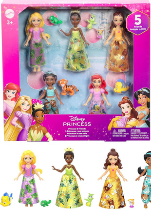 Mattel Disney Princess & Friends Set with 5 Posable Small Dolls in Removable Skirts or Pants & 5 Friend Figures, Inspired by the Disney Movies