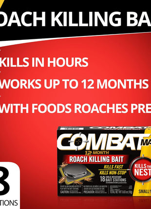 Combat Max 12 Month Roach Killing Bait, Small Roach Bait Station, Child-Resistant, 18 Count