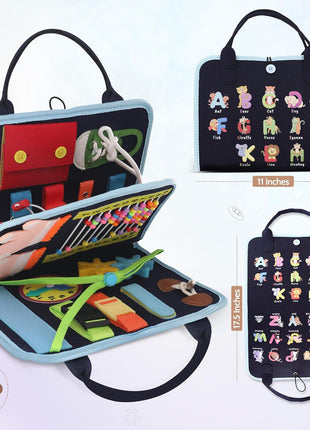 Busy Book for Toddlers, Montessori Felt Quiet Book Travel Toy | Soft felted wool, securely stitched with no loose pieces. Buttons, zippers and abacus build fine motor skills.