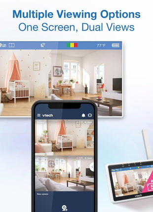 VTech Smart WiFi Baby Monitor, 2 Cameras – See Both Rooms at Home or from Anywhere, Free App, 1080p Split Screen, 5inch HD Screen, Pan-Tilt-Zoom, Night Vision | VM901-2