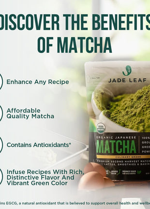Jade Leaf Matcha Organic Green Tea Powder - Culinary Grade Premium Second Harvest - Authentic Japanese Origin (1.06 Ounce Resealable Pouch)