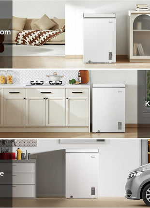 Midea MERC04C4BAWW Chest Freezer, 3.5 Cubic Feet Freezer With Removable Basket, Interior LED Light, Adjustable Temperature, For Kitchen Apartment Office, White
