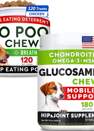 No Poo Treats + Glucosamine Treats Bundle - No Poop Eating for Dogs + Hip & Joint Care - Probiotics & Enzymes + Omega-3 Oil + Chondroitin, MSM - Coprophagia Stool Eating Deterrent + Joint Pain Relief