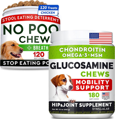 No Poo Treats + Glucosamine Treats Bundle - No Poop Eating for Dogs + Hip & Joint Care - Probiotics & Enzymes + Omega-3 Oil + Chondroitin, MSM - Coprophagia Stool Eating Deterrent + Joint Pain Relief