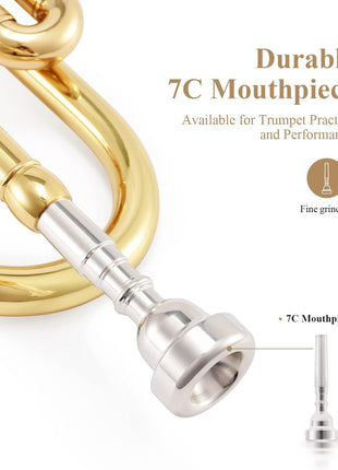 Eastar Bb Standard Trumpet Set for Beginner, Brass Student Trumpet Instrument with Hard Case, Cleaning Kit, 7C Mouthpiece and Gloves, ETR 380, Golden