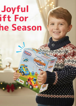 PREXTEX 2 Pack Cartoon Remote Control Cars for Toddlers - Police Car and Race Car with Steering Wheel Controllers and Lights - Different Frequencies Racing Together - Easter Toddler Gift 18+ Months.
