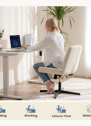 DUMOS Criss Cross Chair Legged Office Wide Comfy Desk Seat, No Wheels Armless Computer Task Seating, Swivel Comfy Vanity Fabric Modern Home Height Adjustable