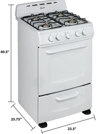 Avanti Gas Range Oven, Compact Freestanding Design, 2.6-Cu.Ft. Capacity 4 Sealed Burners with Electronic Ignition, Includes Broiler Storage Drawer and Accessories, 24-Inch, White