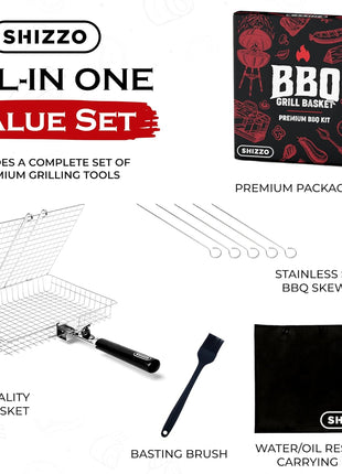 SHIZZO Grill Basket Set, Barbecue BBQ Grilling, Stainless Steel Folding Portable Outdoor Camping Rack for Fish, Shrimp, Vegetables, Cooking Accessories, Gifts for Dad, husband, Friends