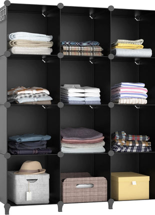 Closet Organizers and Storage, 12 Cube Storage Organizer, Portable Closet Organization Clothes Shelves for Kids, Closet, Bedroom, Bathroom, Office, Black