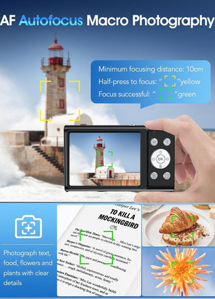 Digital Camera,Autofocus 4K Vlogging Camera for Photography with 32GB Card,48MP Portable Compact Point and Shoot Digital Camera for Teens Adult Beginner with 16X Zoom,Anti-Shake,2 Batteries(Black)