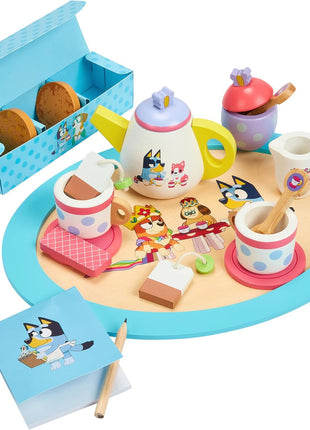 8th Wonder Bluey Toys Wooden Tea Party Set, 18-Piece Durable Toy Tea Set with Tray, Teapot, Teaspoons, and More, Pretend Play for Toddlers of Ages 3+