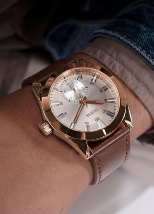 GUESS Grayson Analog Watch for Man with Grey Round Dial & Brown Leather Strap Band Water Resistant Men's Wrist Watches - GW0793G3