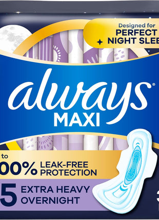 Always Maxi Overnight Pads with Wings for Women, Size 5, Extra Heavy Overnight Absorbency, Unscented, 36 Count