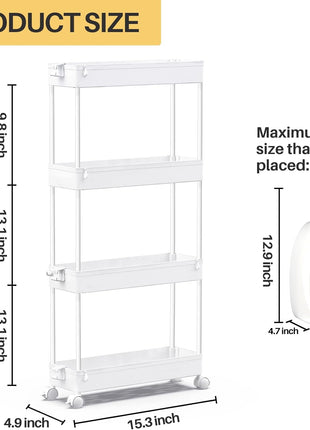SPACEKEEPER Slim Rolling Storage Cart, 4 Tier Bathroom Cart Organizer,White | Narrow Rolling Cart with Wheels for Kitchen Office Bathroom Laundry Room,Mobile Utility Cart for Craft Art Makeup Nail Polish