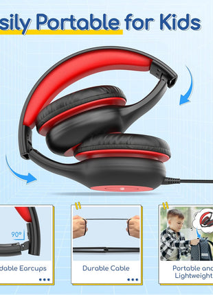 EarFun Kids Headphones Wired with Microphone, 85/94dB Volume Limit Headphones for Kids, Portable Wired Headphone with Shareport, Stereo Sound Foldable Headset for School/Tablet/iPad/Kindle, Black Red