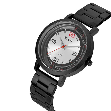 Helix by Timex Analog Watch for Man with Silver Round Dial & Black Stainless Steel Bracelet Band Water Resistant Men's Wrist Watches - TW063HG02T
