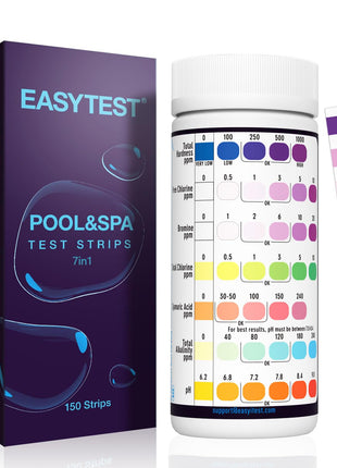 EASYTEST 7-Way Pool Test Strips, 150 Strips Water Chemical Testing for Hot tub and Spa, Accurate Test Bromine, Total Alkalinity, pH, Free Chlorine, Total Hardness, Cyanuric Acid, and Total Chlorine