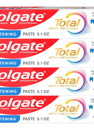Colgate Total Whitening Toothpaste Paste, 5.1 oz, 4 Pack, Fluoride, Antibacterial, for Plaque, Gingivitis, Sensitivity, Stain Removal, Clinically Proven, Mint, Teeth Whitening, Stannous Fluoride