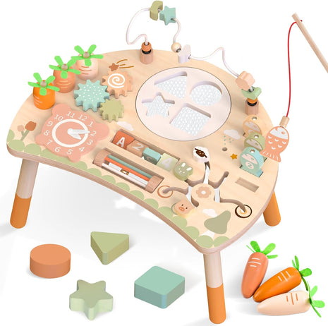 Wooden Activity Table for Toddlers, 9 in 1 Montessori Toy | Sensory Learning, Bead Maze, Shape Sorter, Fishing Game, Spinning Gears, Wood, CPSIA Certified, Gift for Boys Girls