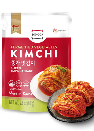 Spicy Premium Fermented Kimchi Napa Cabbage [ FUN SIZE Pouch Pack of 8] - [Original] – (Gluten Free / KETO / Vegan) | 0 Fat/ 0 Sugar/ 0 Cholesterol | Long Shelf Life | Perfect for Ramen & Stir-Fries - JONGGA