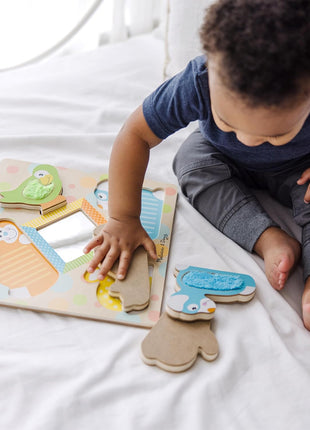 Melissa & Doug First Play Peek-a-Boo Pets Wooden Touch and Feel Puzzle with Mirror Mirror Toy for Babies and Toddlers, Sensory Toy Puzzle