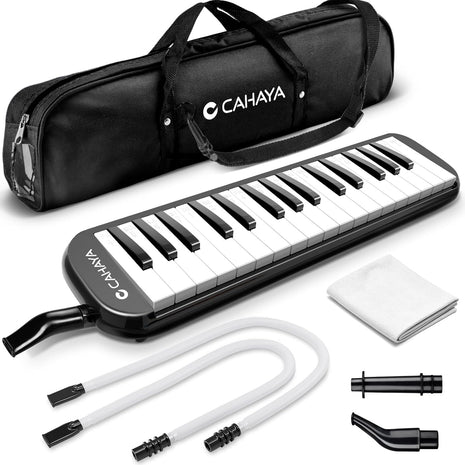 CAHAYA Melodica Piano Keyboard 32-Key with Case for Beginners Black | Portable Keyboard Instrument with 2 mouthpieces and carry bag ideal gift for kids student school lessons practice performance
