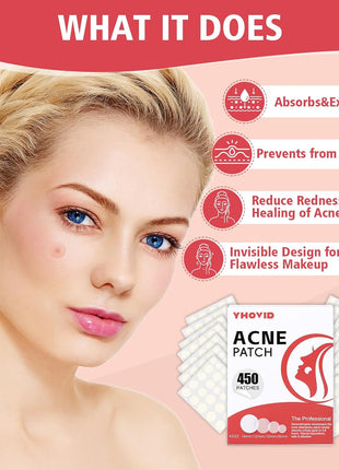 450 Pimple Patches for Face, Hydrocolloid Acne Patches for Zit Covers, Mighty Patch Acne Invisible Zit Patches for Face, 4 Sizes