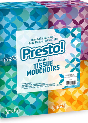 Amazon Brand - Presto! Ultra-Soft 3-Ply Premium Facial Tissues, 264 Count (4 Packs of 66), (Packaging May Vary)