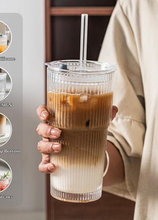 INSETLAN 20 oz Ribbed Glass Tumblers with Lids and Glass Straws – 4-Piece Glassware Set, Thickened Wall, Ideal for Iced Coffee, Smoothies, Cocktails, and Juices – Elegant and Durable Drinkware
