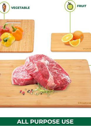 Freshware Bamboo Cutting Board Set of 3, Wooden Cutting Boards for Kitchen, Knife Friendly Food Grade Chopping Board, Lightweight with Hanging Hole for Easy Storage