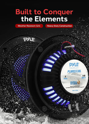 Pyle Marine Speakers -5.25 Inch 2 Way Waterproof and Weather Resistant Outdoor Audio Stereo Sound System with LED Lights,180 Watt Power and Low Profile Slim Style -1 Pair -PLMRS53BL (Black)