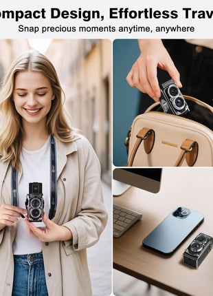 CHUZHAO Vintage Mini Digital Camera, Portable TLR Style Retro Point and Shoot Compact Small Pocket 1080P FHD Video 12MP Autofocus Vlogging Camera with 16 GB Card for Beginners Teens Adults Black