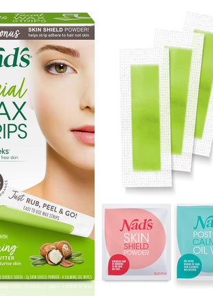 Nad's Facial Wax Strips - Hypoallergenic All Skin Types - Facial Hair Removal For Women - At Home Waxing Kit with 20 Face Wax Strips + 4 Calming Oil Wipes + Skin Protection Powder