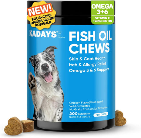 Omega 3 Skin and Coat Supplement for Dogs 200 Chews Meat-Free Dog Omega 3 Chews with EPA & DHA Fatty Acids Dry Skin Relief Shedding Allergy Itching Promotes Heart Hip & Joint Health Chicken Flavor