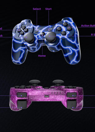 Wireless Controller for PS-3 Motion Sense Double Vibration Upgraded Gaming Remote for Play 3 with Charging Cord (Blue+Purple)
