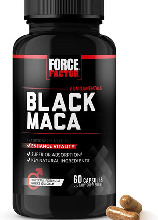 Force Factor Black Maca Root Vitality Supplement for Men with Superior Absorption and Power, Natural Maca Negra Extract, Fundamentals Series, 1000mg, 60 Capsules | with BioPerine for Superior Absorption, Natural Maca Negra Extract, 1000mg, 60 Capsules