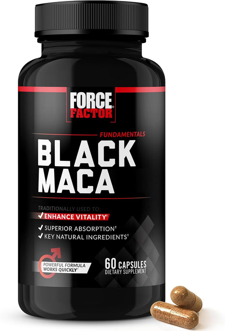 Force Factor Black Maca Root Vitality Supplement for Men with Superior Absorption and Power, Natural Maca Negra Extract, Fundamentals Series, 1000mg, 60 Capsules | with BioPerine for Superior Absorption, Natural Maca Negra Extract, 1000mg, 60 Capsules