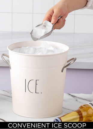 Rae Dunn Ice Bucket with Scoop   Stainless Steel Bucket with Handle, Lid and Ice Scooper   4 Qt. Storage Bin for Ice Cubes for Bars, Parties, Backyard Barbeques, Picnics, and Camping (White)