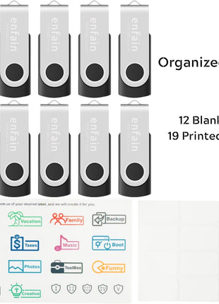 Enfain 16GB USB 2.0 Flash Drive 10 Pack | Swivel Thumb Drives with 31 Labels | Gift-Ready Packaging for Corporate Events, Office & Team Distributions (Black)