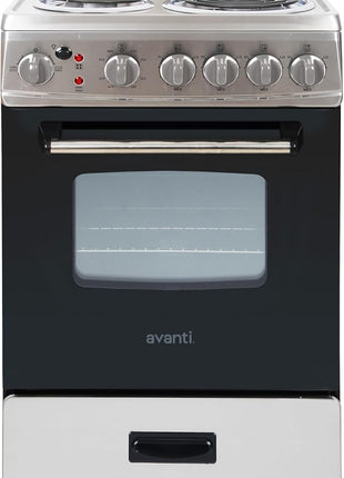 Avanti Electric Range Oven, 4 Coil Broilers, 2.1 Cu.Ft., Stainless Steel | Avanti Electric Range Oven, 4 Coil Burners, Built-In Broiler, Framed Glass Door, Storage Drawer, 2.1 Cu.Ft., Stainless Steel